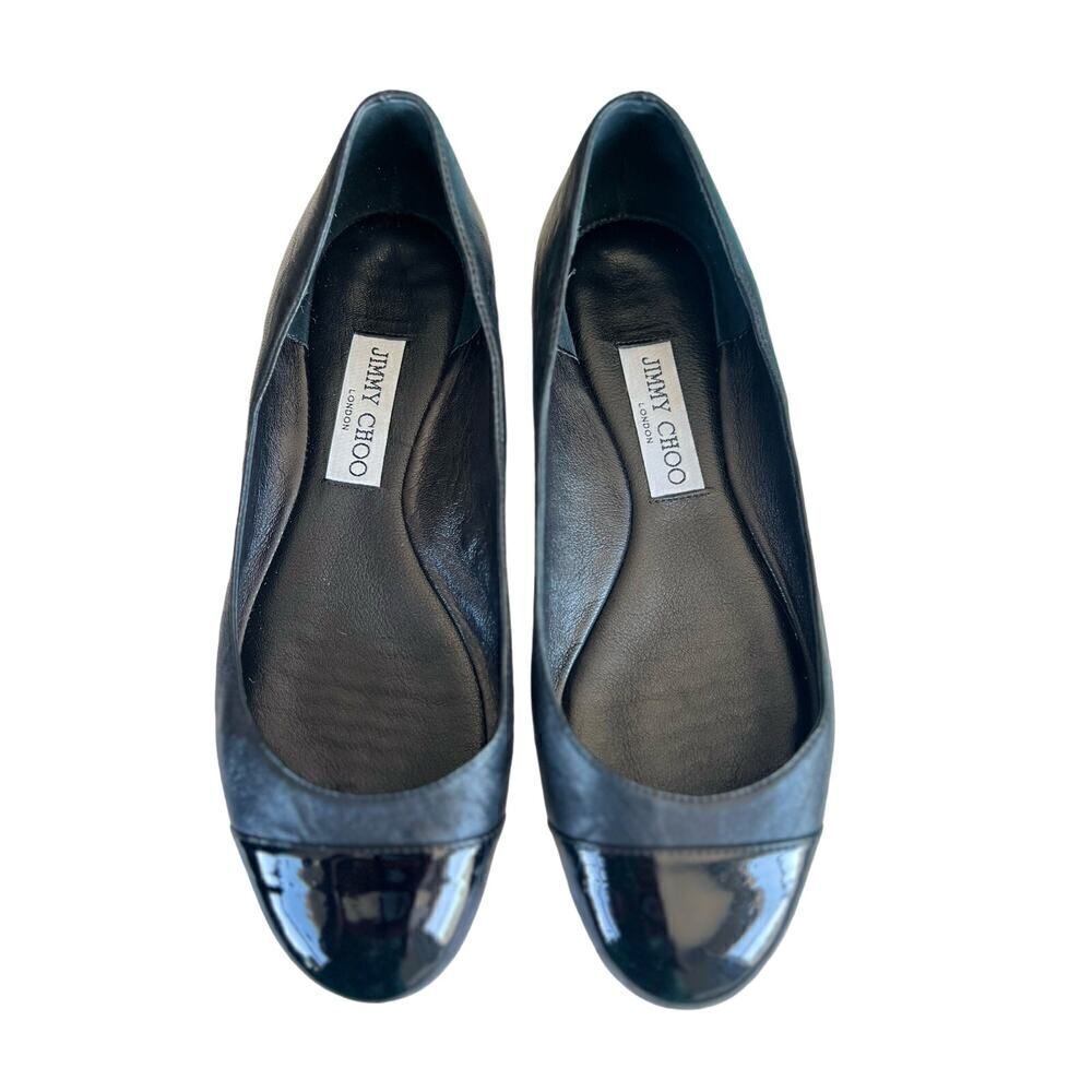 Jimmy Choo Black Leather Ballet Flats with Patent Black Cap Toe